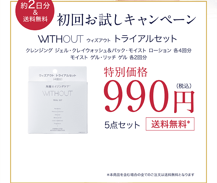 ウィズアウト トライアルセット内容。クレンジング・洗顔・化粧水・ゲルの5点を約2日分体験できるスキンケアセット